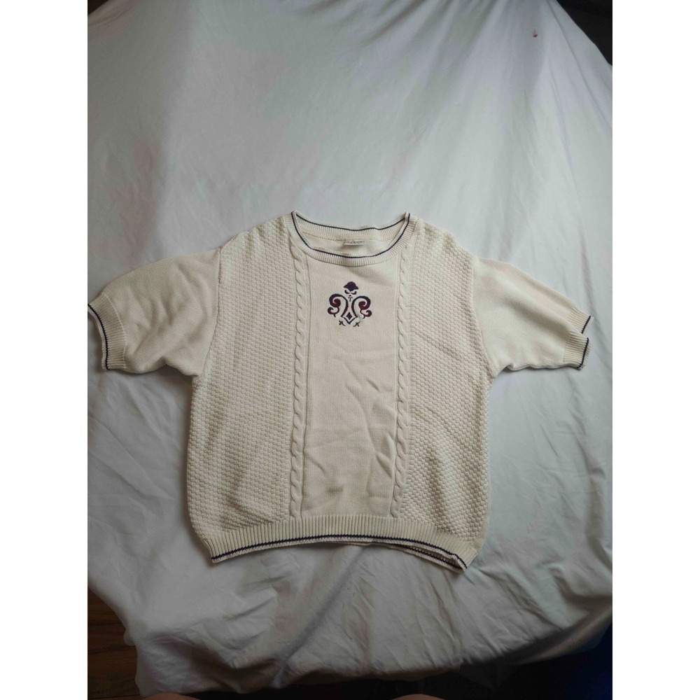 Aileen Sweater Womens L White Cable Knit Embroidered Vintage Short Sleeve Top